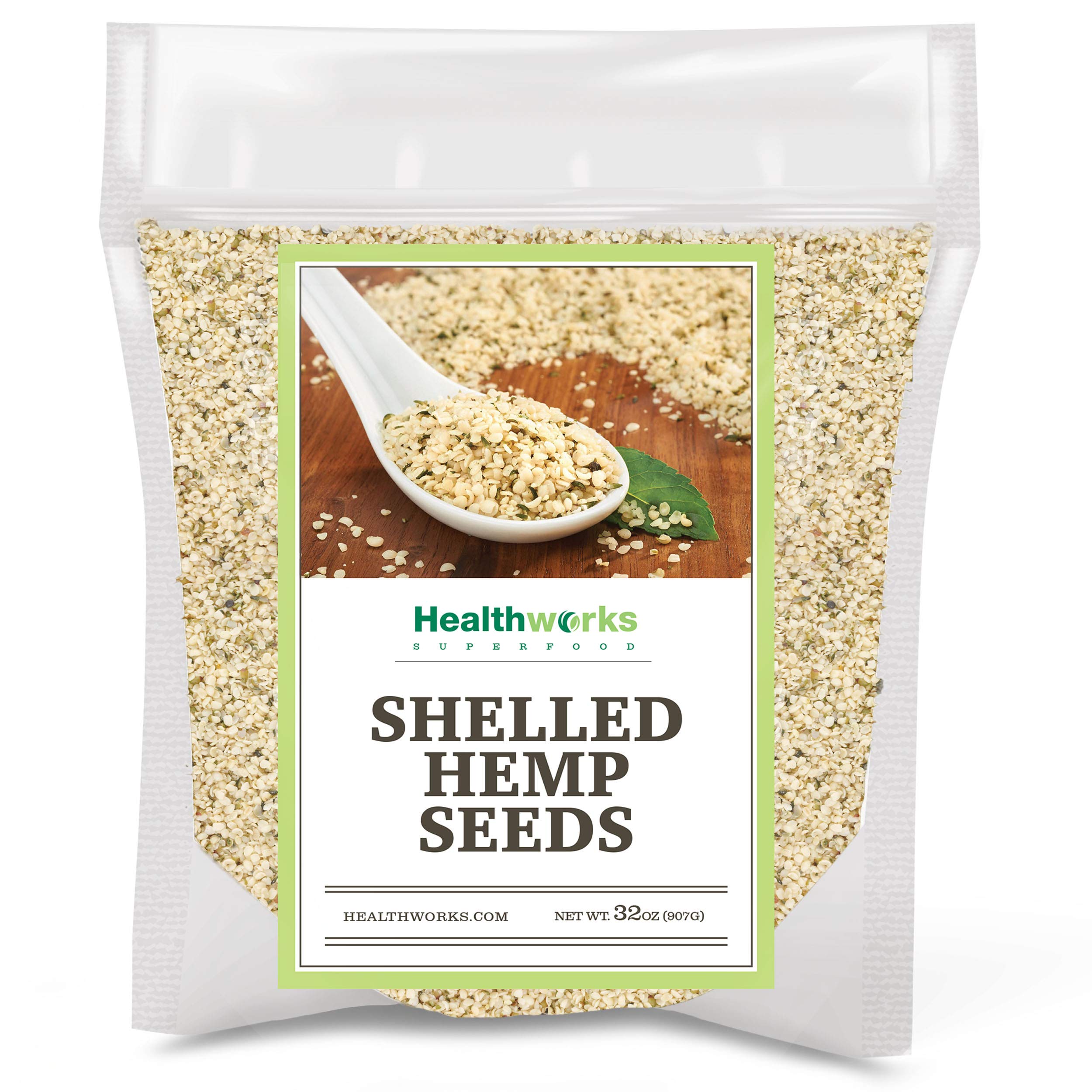 Healthworks hemp hearts front packaging showing 2 lb bag and clean ingredient callouts