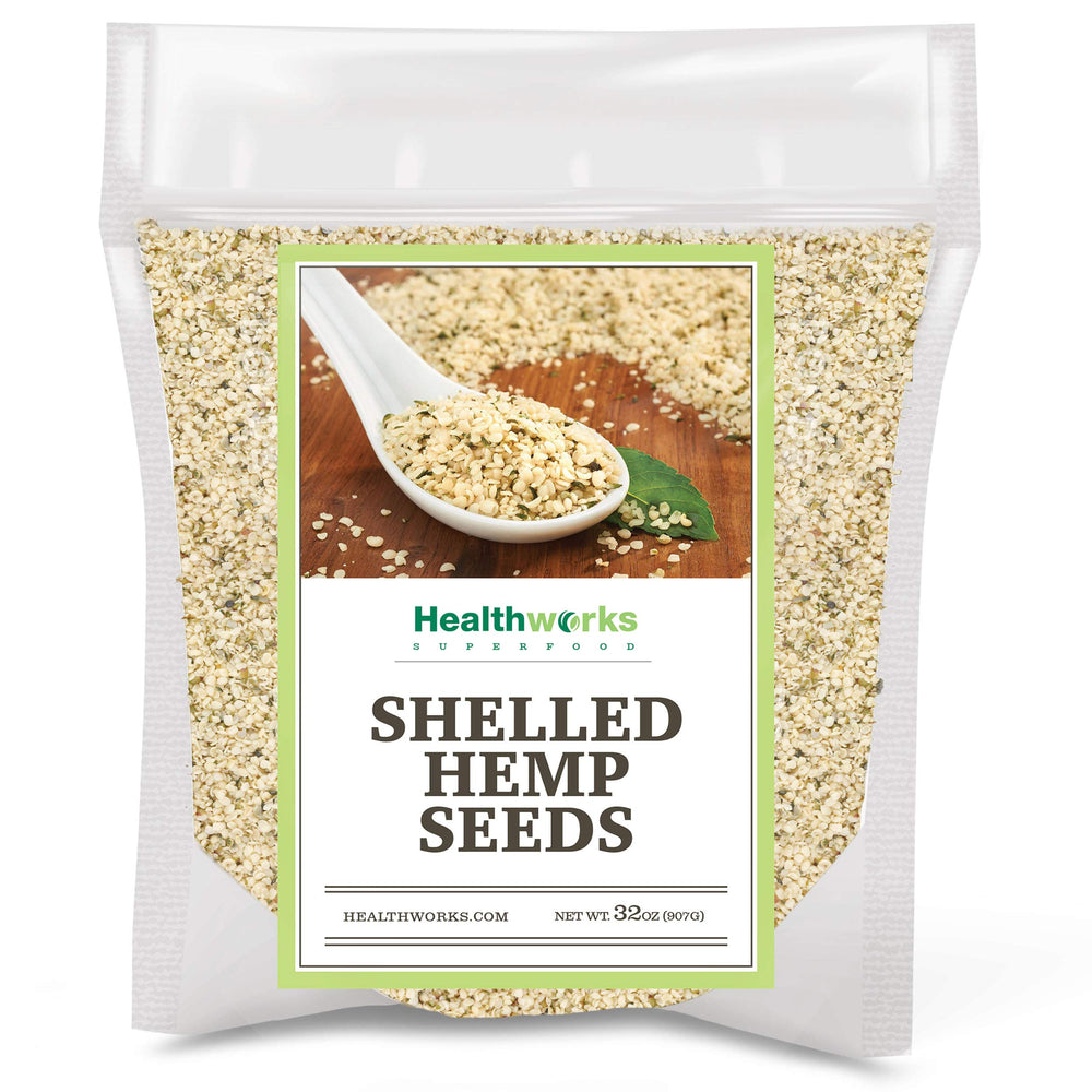 Healthworks hemp hearts front packaging showing 2 lb bag and clean ingredient callouts