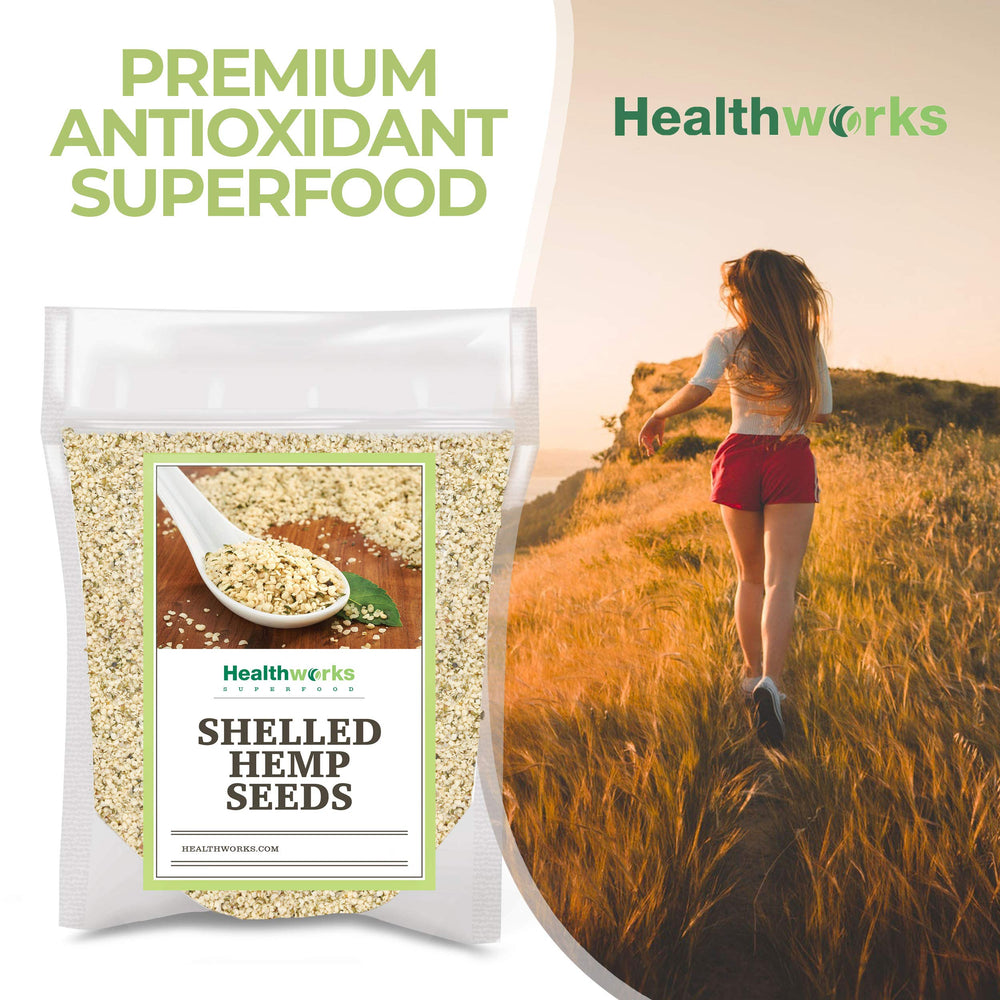 Healthworks hemp hearts blended into hemp milk pitcher as dairy-free beverage option