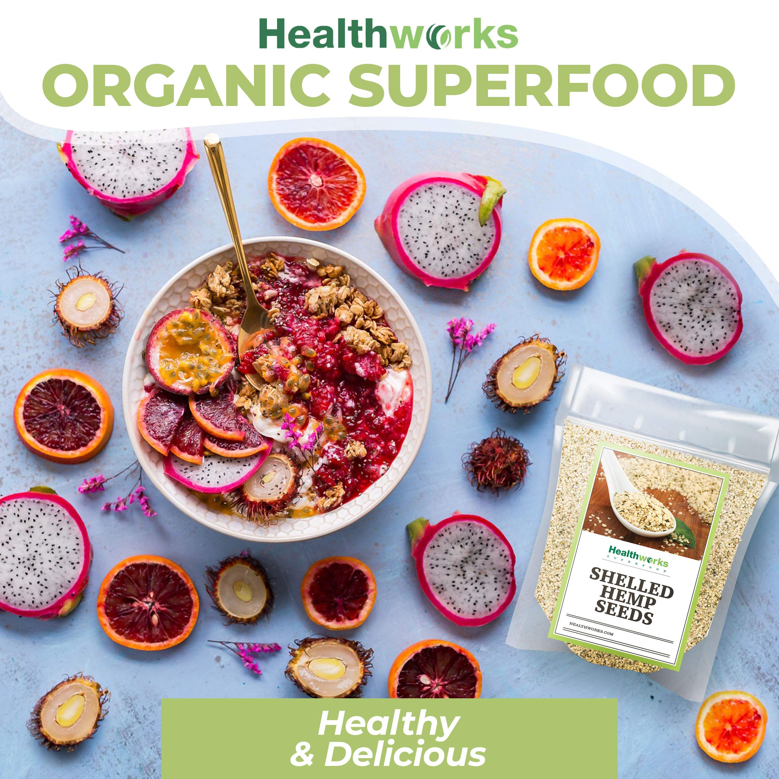 Healthworks hemp hearts ingredient label closeup highlighting raw, non-GMO benefit
