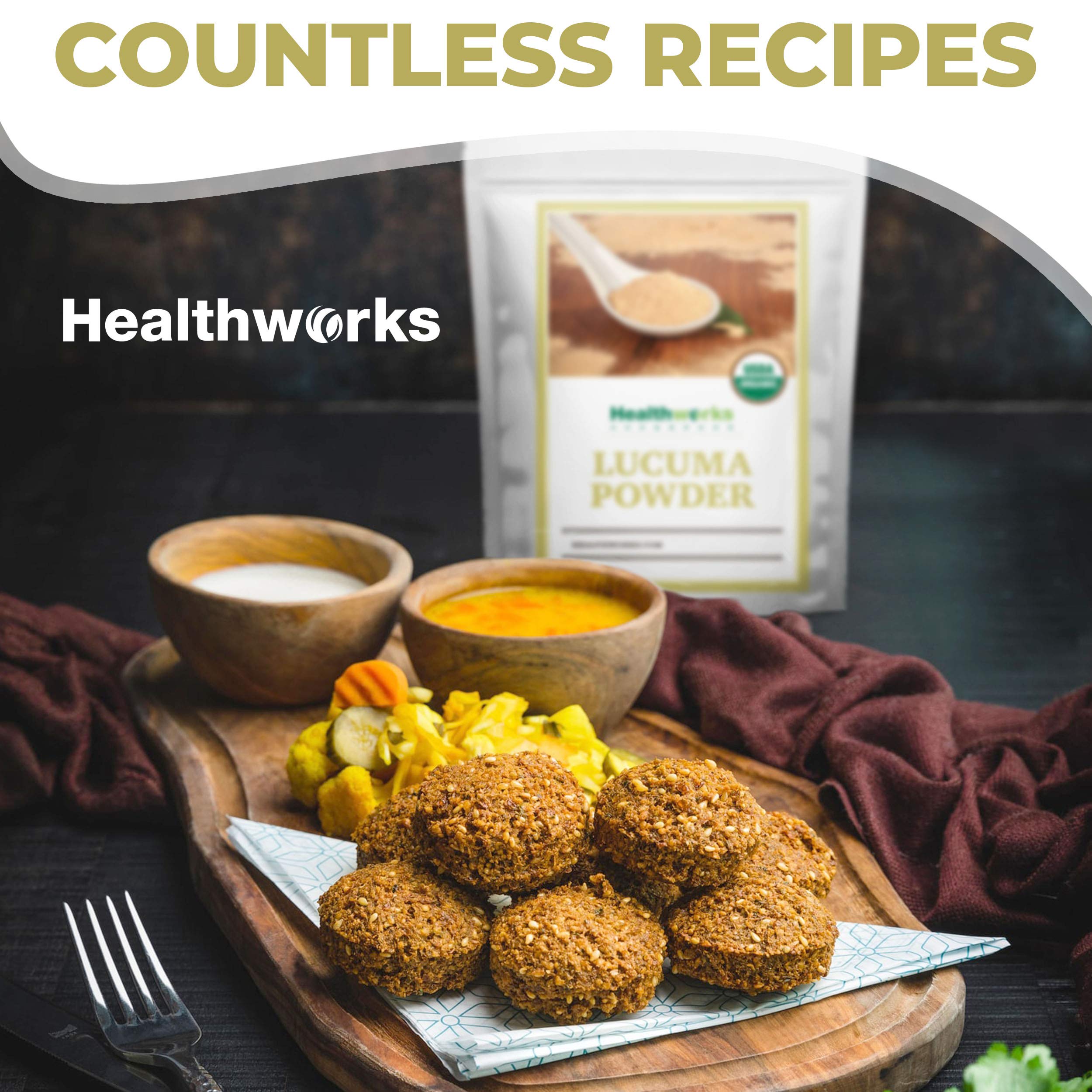 Healthworks lucuma jar next to a 1 lb scale illustrating package size benefit