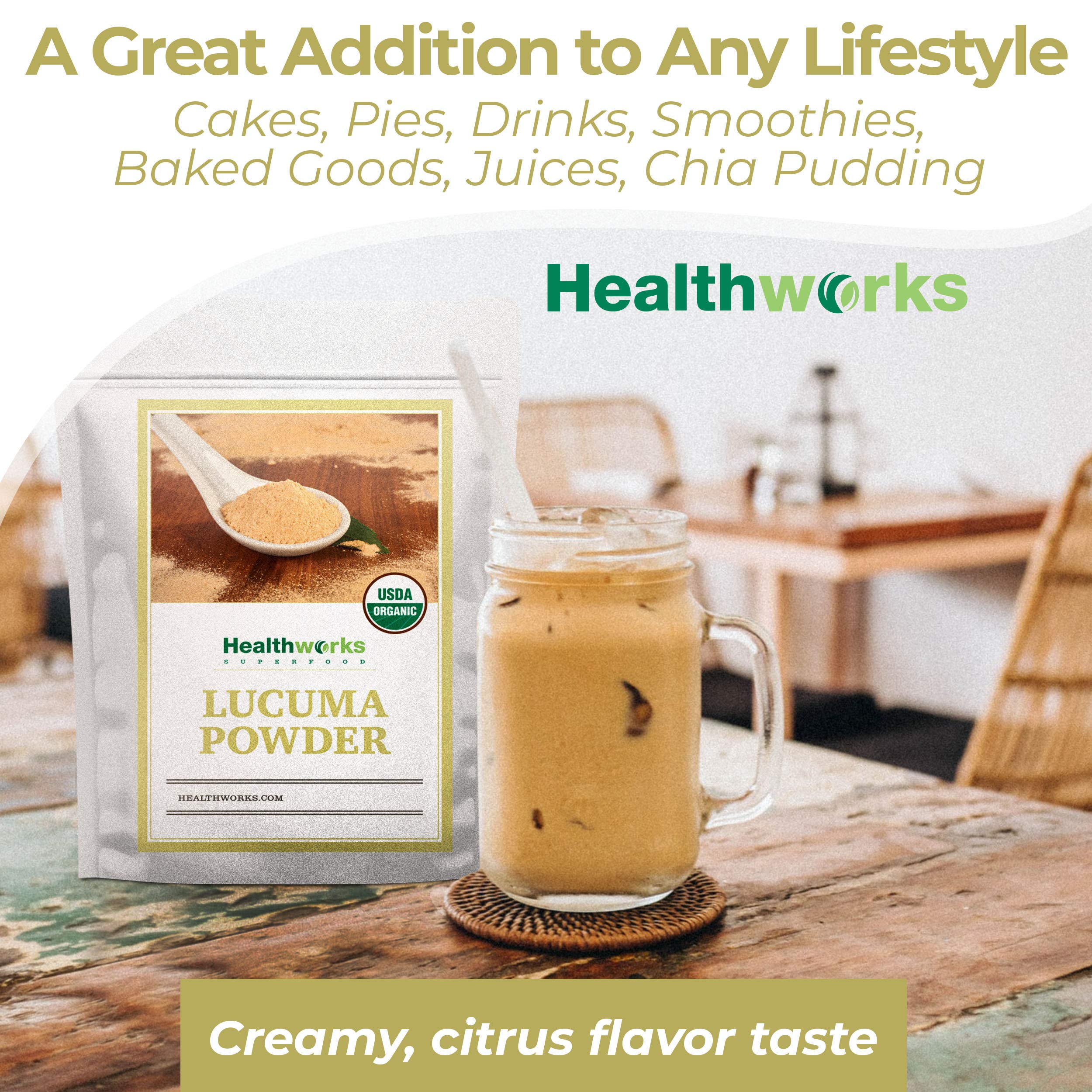Healthworks lucuma blended into smoothie showing creamy flavor benefit