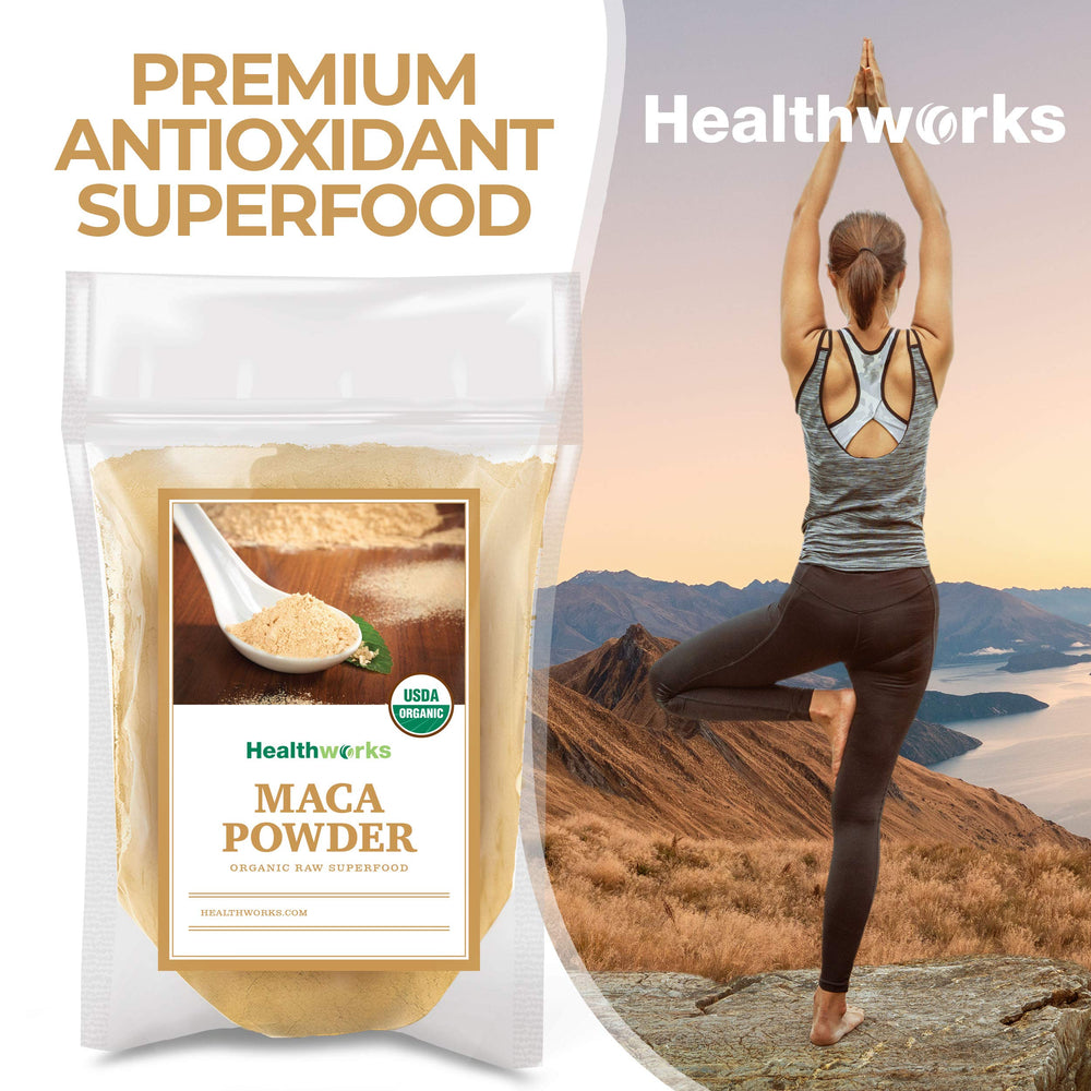 Healthworks Superfoods maca beside baking ingredients showing use in cookies and bread
