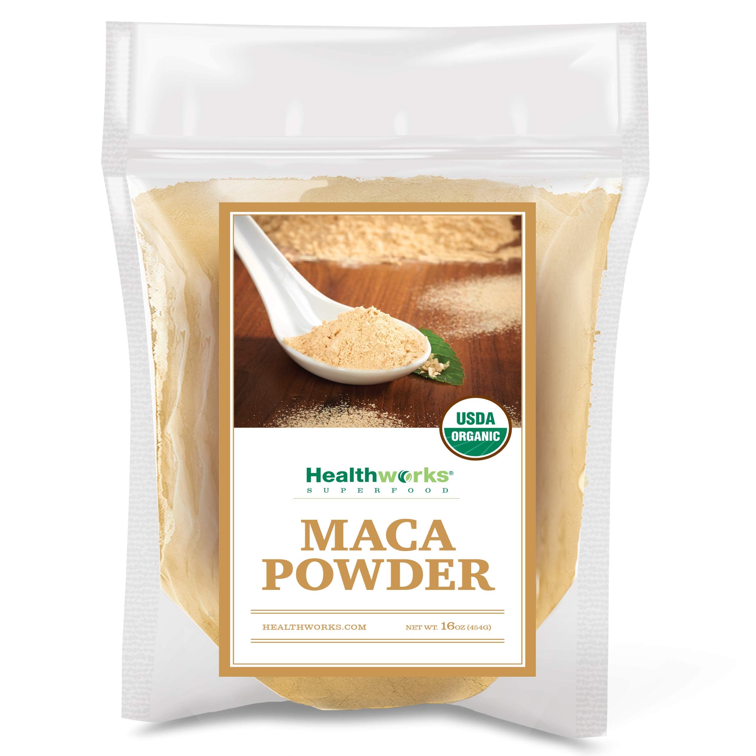 Healthworks Superfoods front packaging showing 1 lb organic maca powder and benefits