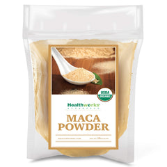 Healthworks Superfoods front packaging showing 1 lb organic maca powder and benefits