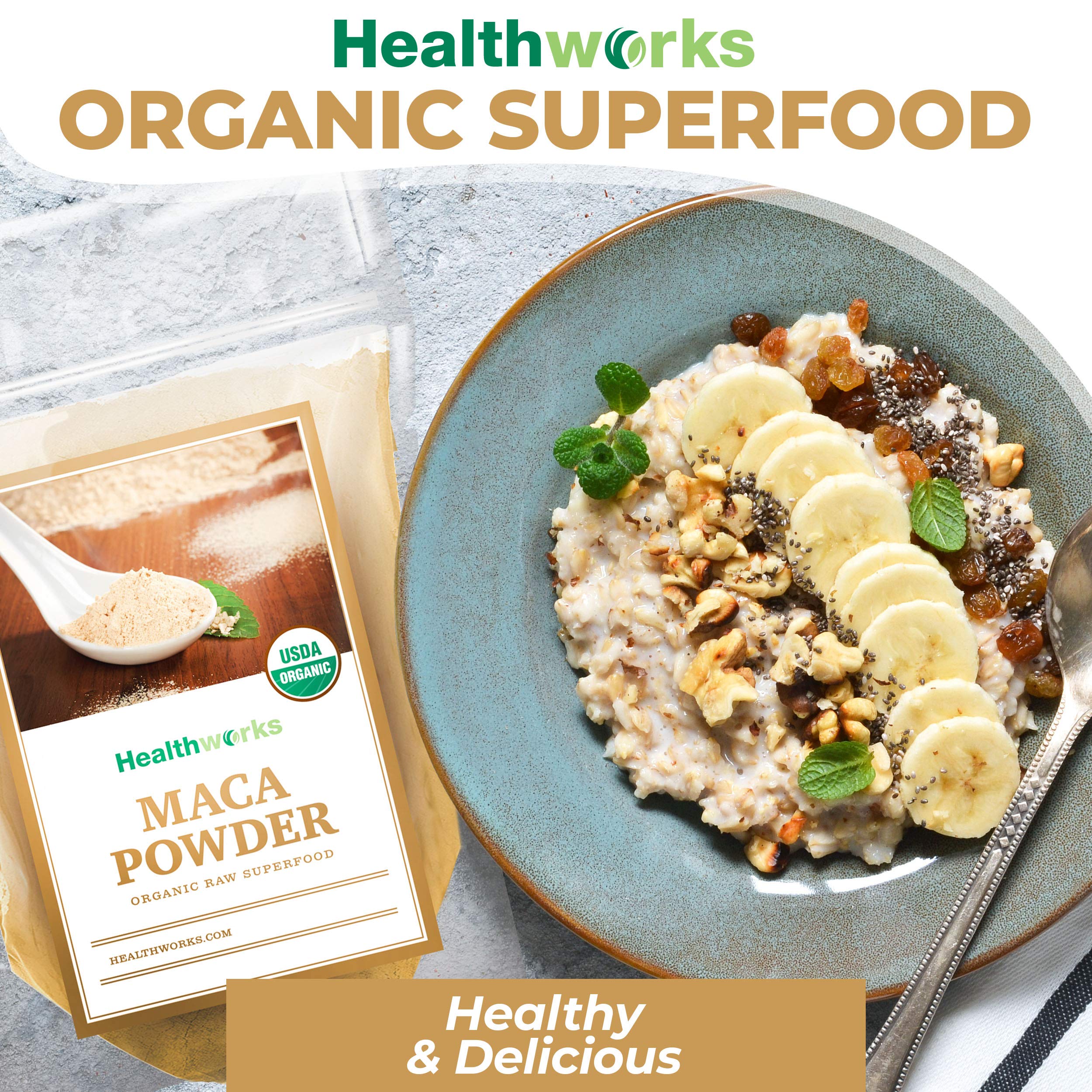 Healthworks Superfoods maca ingredient label close-up showing organic and non-GMO certifications