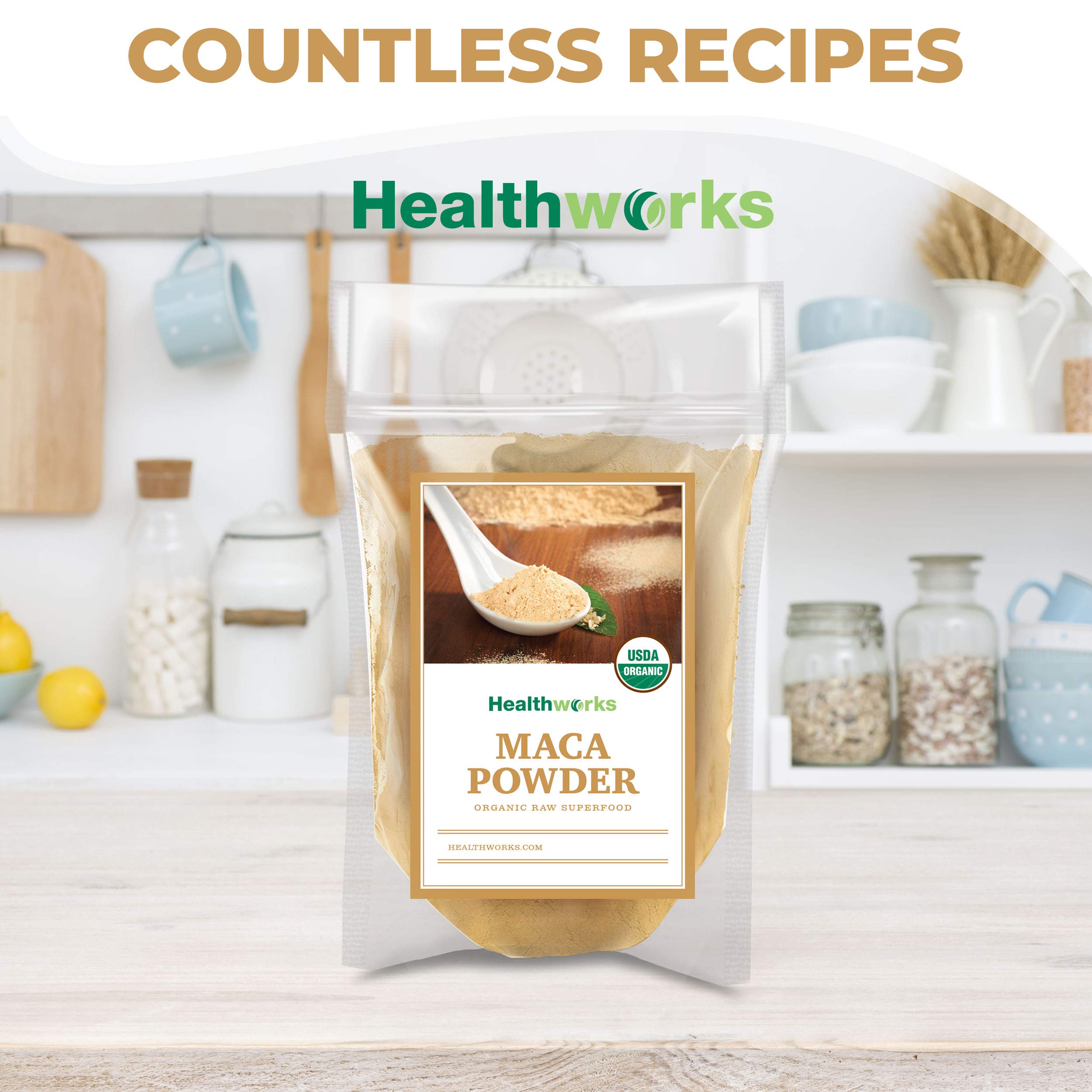 Healthworks Superfoods maca powder in kitchen lifestyle scene for everyday meal prep