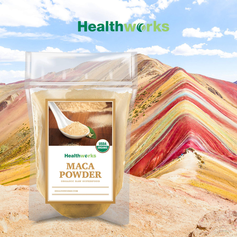 Healthworks Superfoods maca powder texture held in hand to show fine consistency