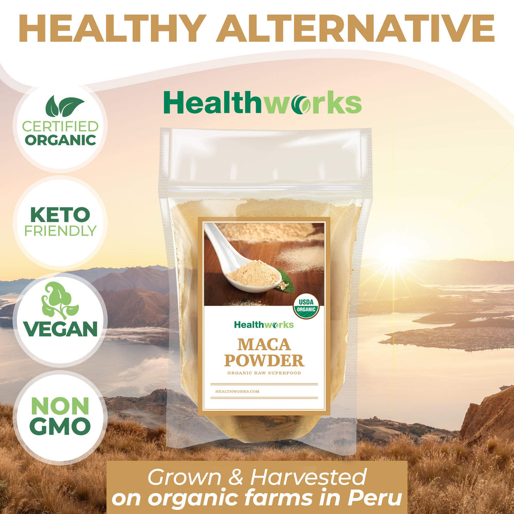 Healthworks Superfoods maca package next to scale illustrating 1 lb portion size