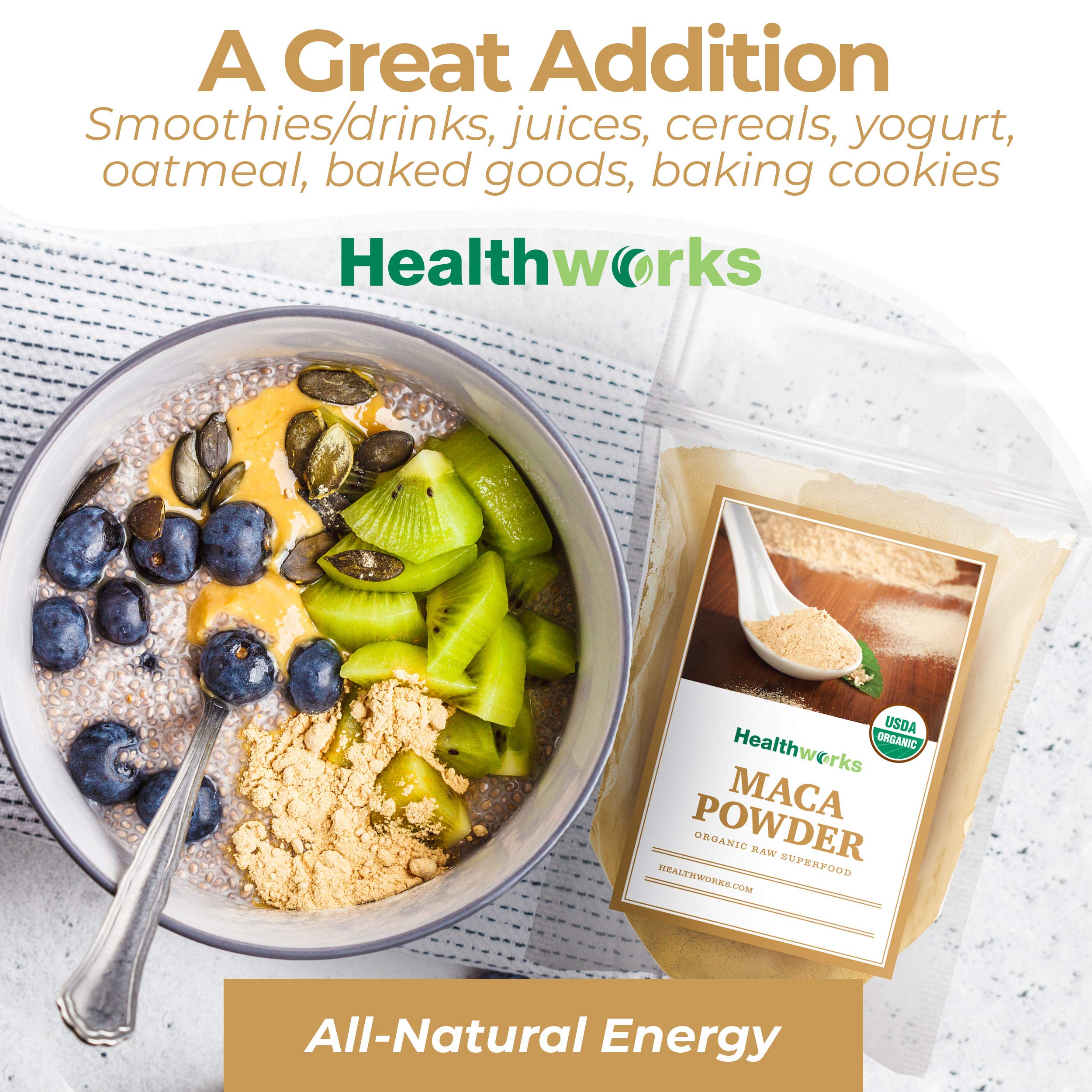 Healthworks Superfoods maca blended into a smoothie bowl for nutrient-rich breakfast