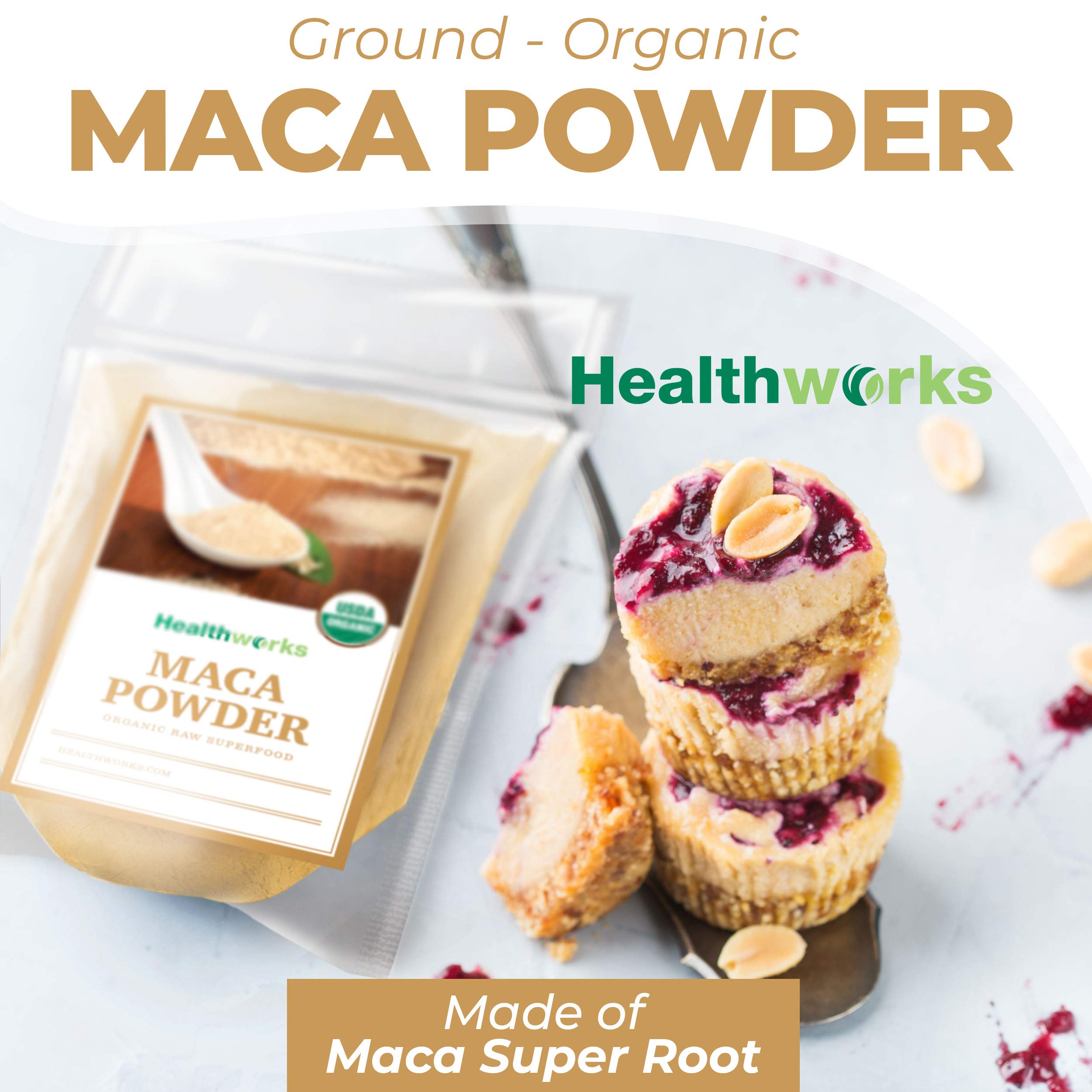 Healthworks Superfoods maca powder on spoon measuring serving for smoothies and baking