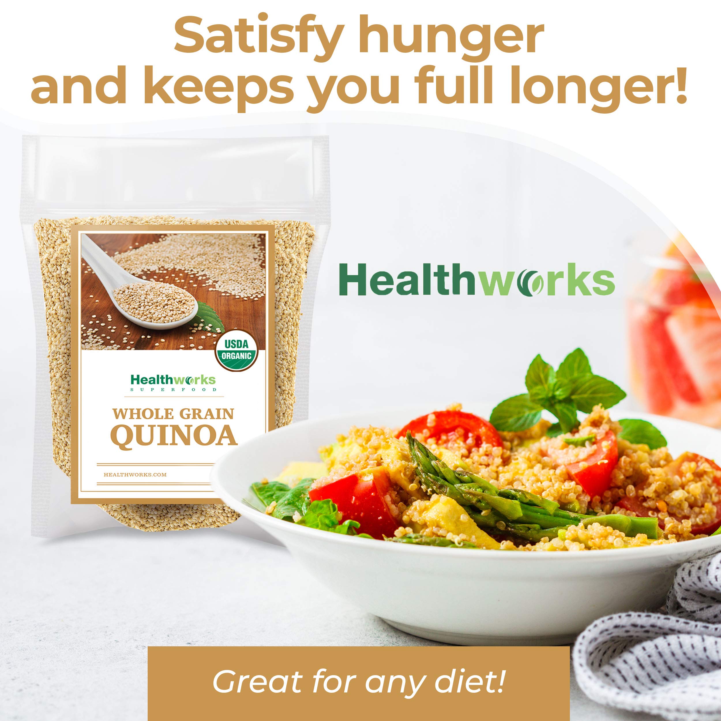 Healthworks Superfoods quinoa being measured in a cup, shows portioning and bulk value