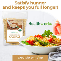 Healthworks Superfoods quinoa being measured in a cup, shows portioning and bulk value
