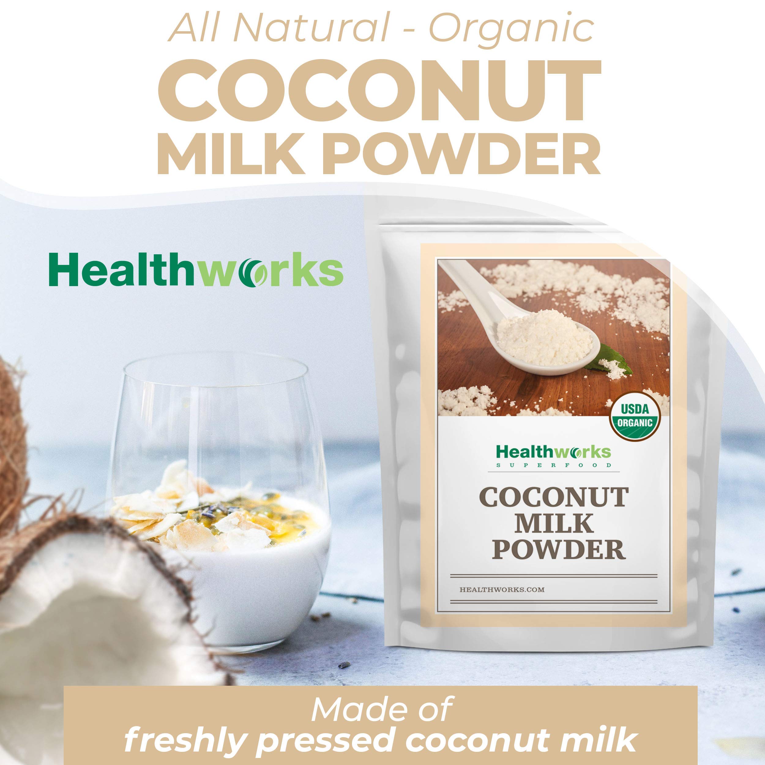 Healthworks Superfoods reconstituted coconut creamer in a cup for coffee
