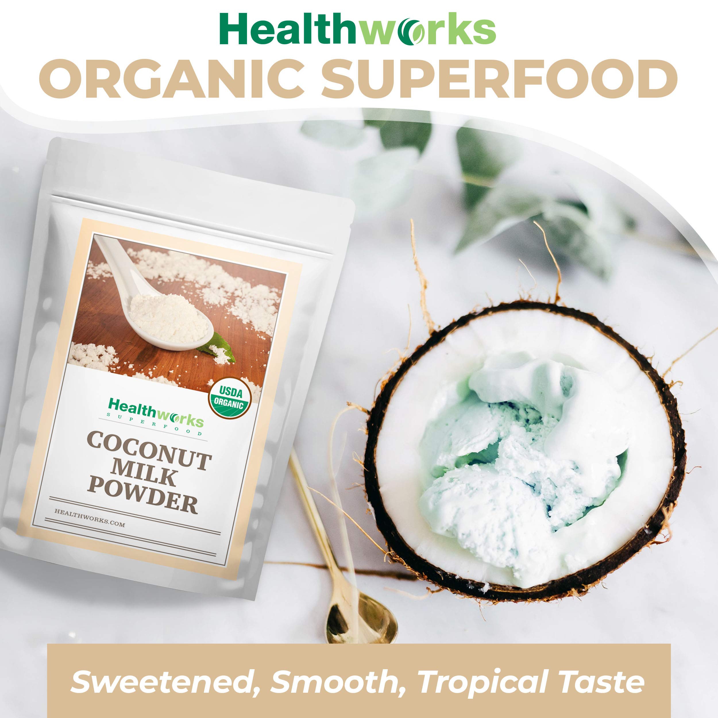 Healthworks Superfoods powder on kitchen scale showing precise measurement