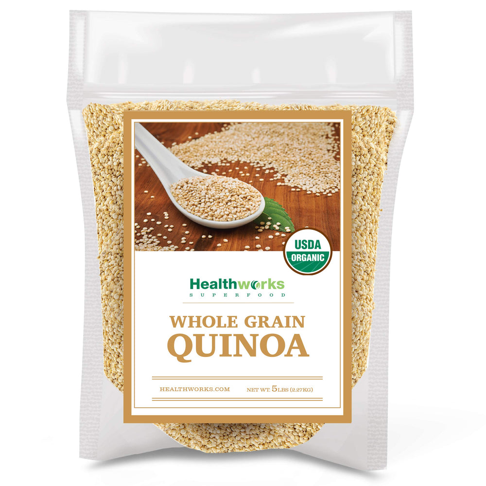 Healthworks Superfoods front packaging showing 5 lb bag and organic label, convenient storage benefit