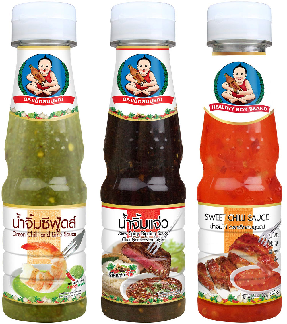 Healthy Boy front packaging showing three bottles and clear product view, boosts kitchen convenience