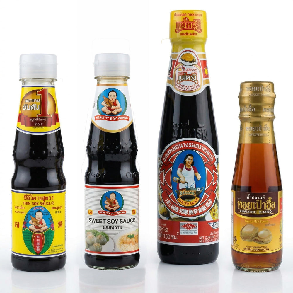 Healthy Boy front packaging showing the four-sauce essential kit and contents benefit
