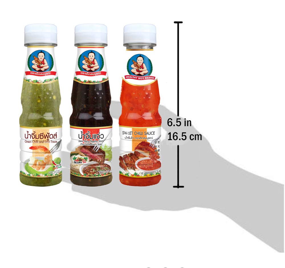 Healthy Boy label close-up on seafood sauce showing ingredients and origin, assures authentic Thai flavor