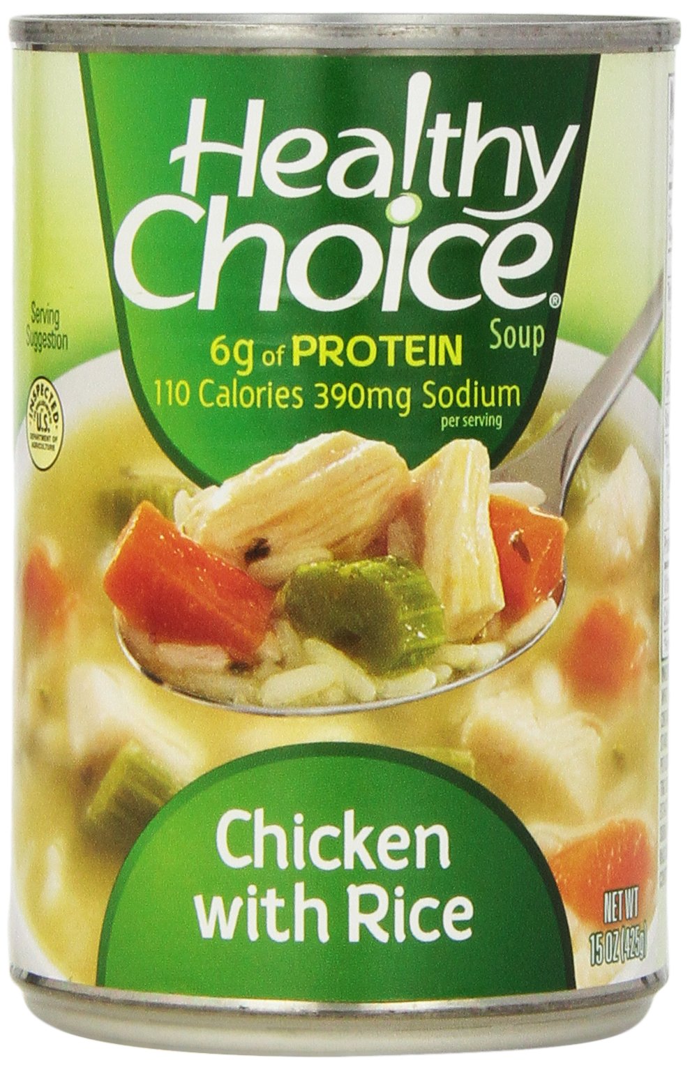 Healthy Choice Soup front packaging showing 5 chicken noodle and 5 chicken with rice cans for pantry convenience