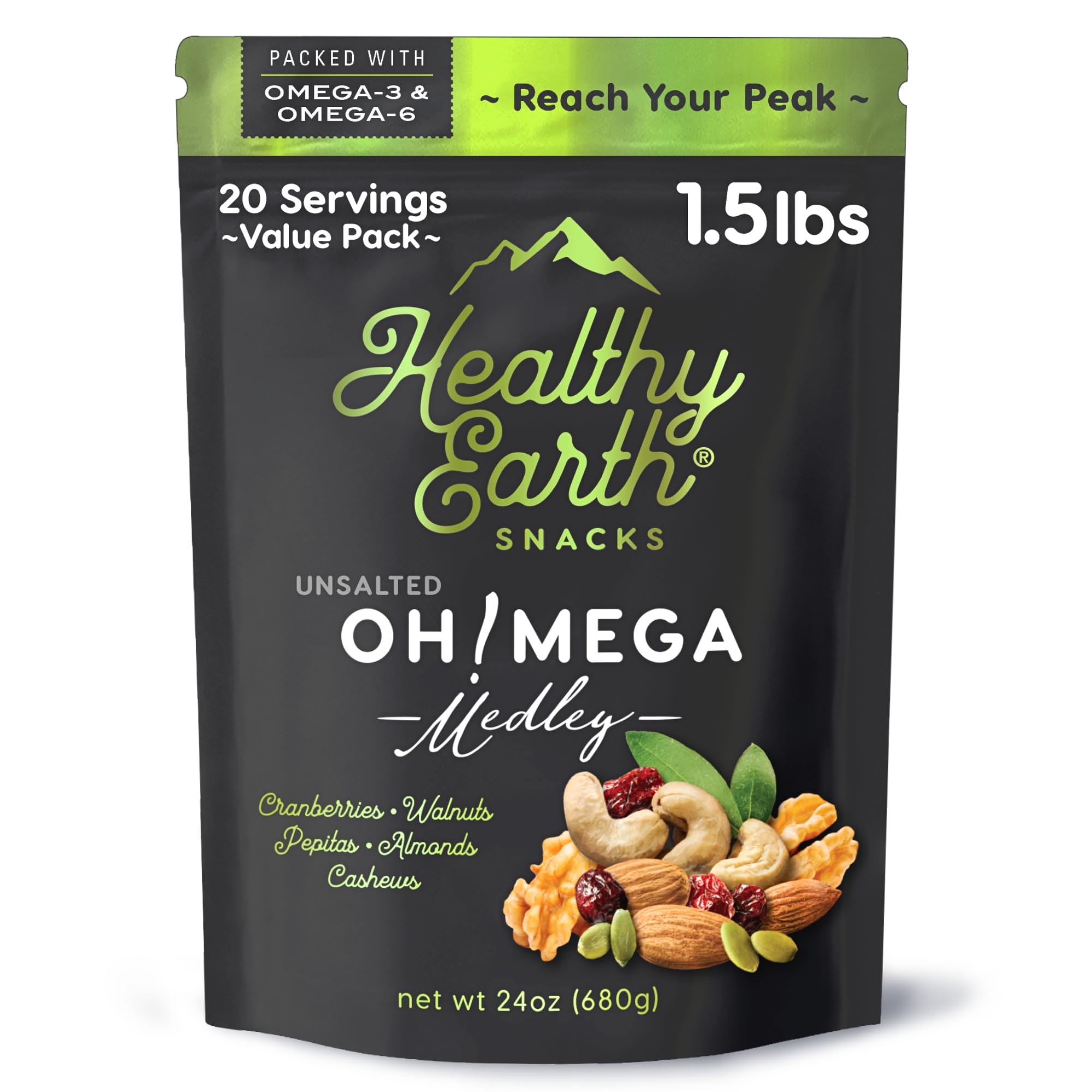 Healthy Earth front packaging showing unsalted trail mix and clean-label benefits