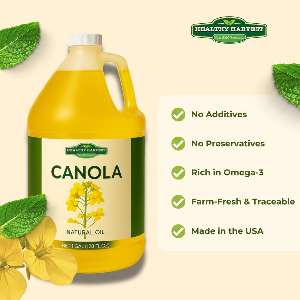 Healthy Harvest canola oil in skillet frying golden food with consistent heat transfer