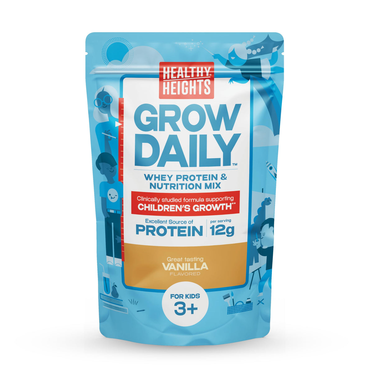 Healthy Heights front packaging showing vanilla powder and benefits