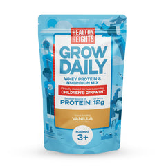 Healthy Heights front packaging showing vanilla powder and benefits