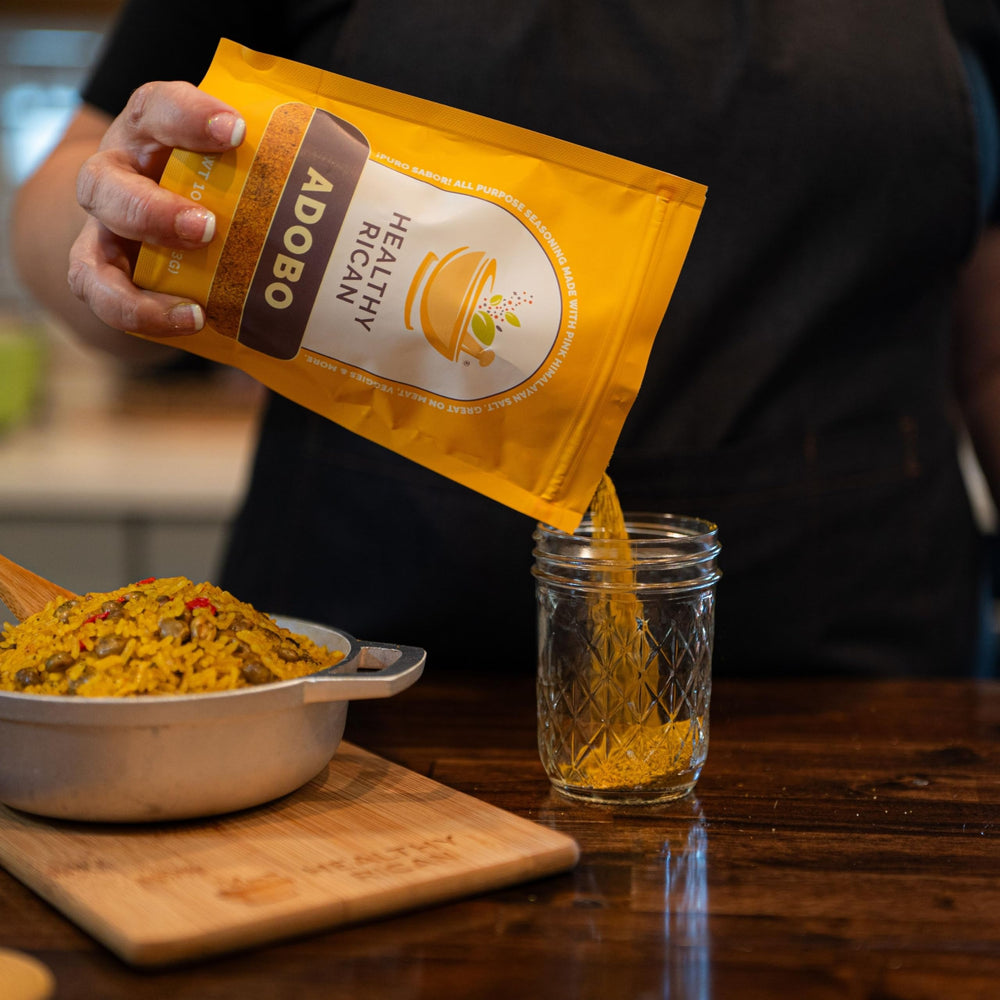 Healthy Rican being poured into refillable shaker jars for easy everyday use