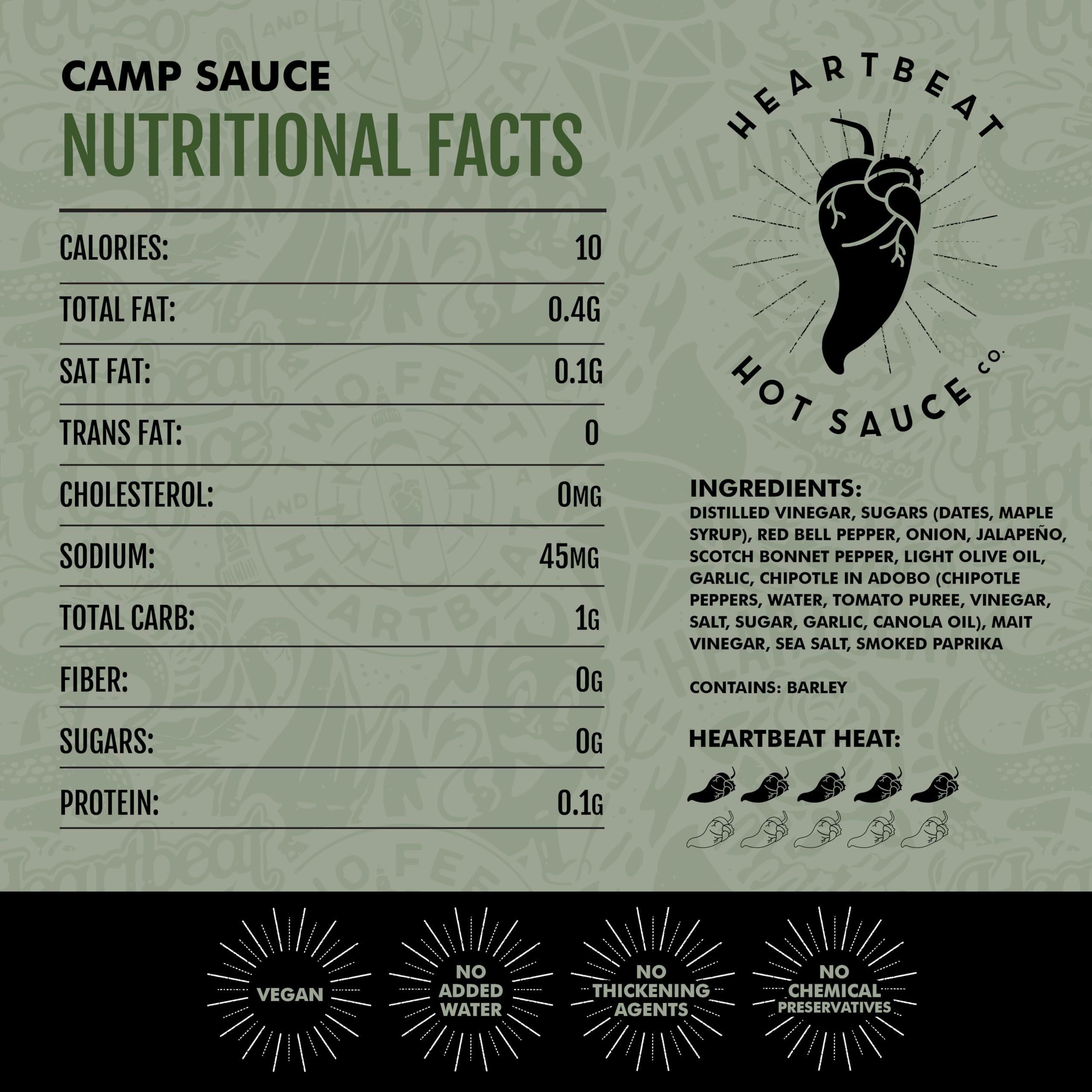 HEARTBEAT HOT SAUCE CO. close-up of Camp Sauce label highlighting ingredients and artisan look