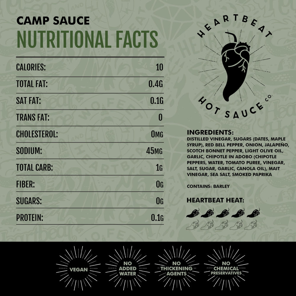 HEARTBEAT HOT SAUCE CO. close-up of Camp Sauce label highlighting ingredients and artisan look