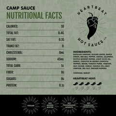 HEARTBEAT HOT SAUCE CO. close-up of Camp Sauce label highlighting ingredients and artisan look