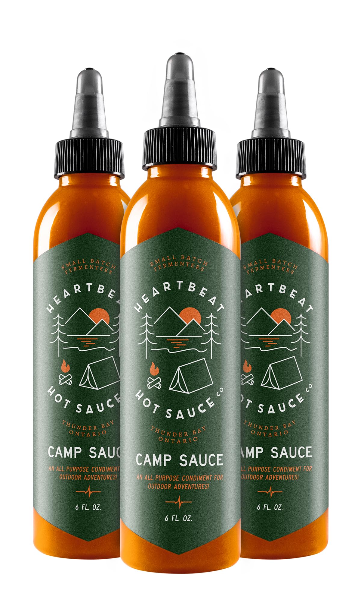 HEARTBEAT HOT SAUCE CO. front bottle trio showing label and 6 oz bottles, ready to serve