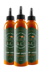 HEARTBEAT HOT SAUCE CO. front bottle trio showing label and 6 oz bottles, ready to serve