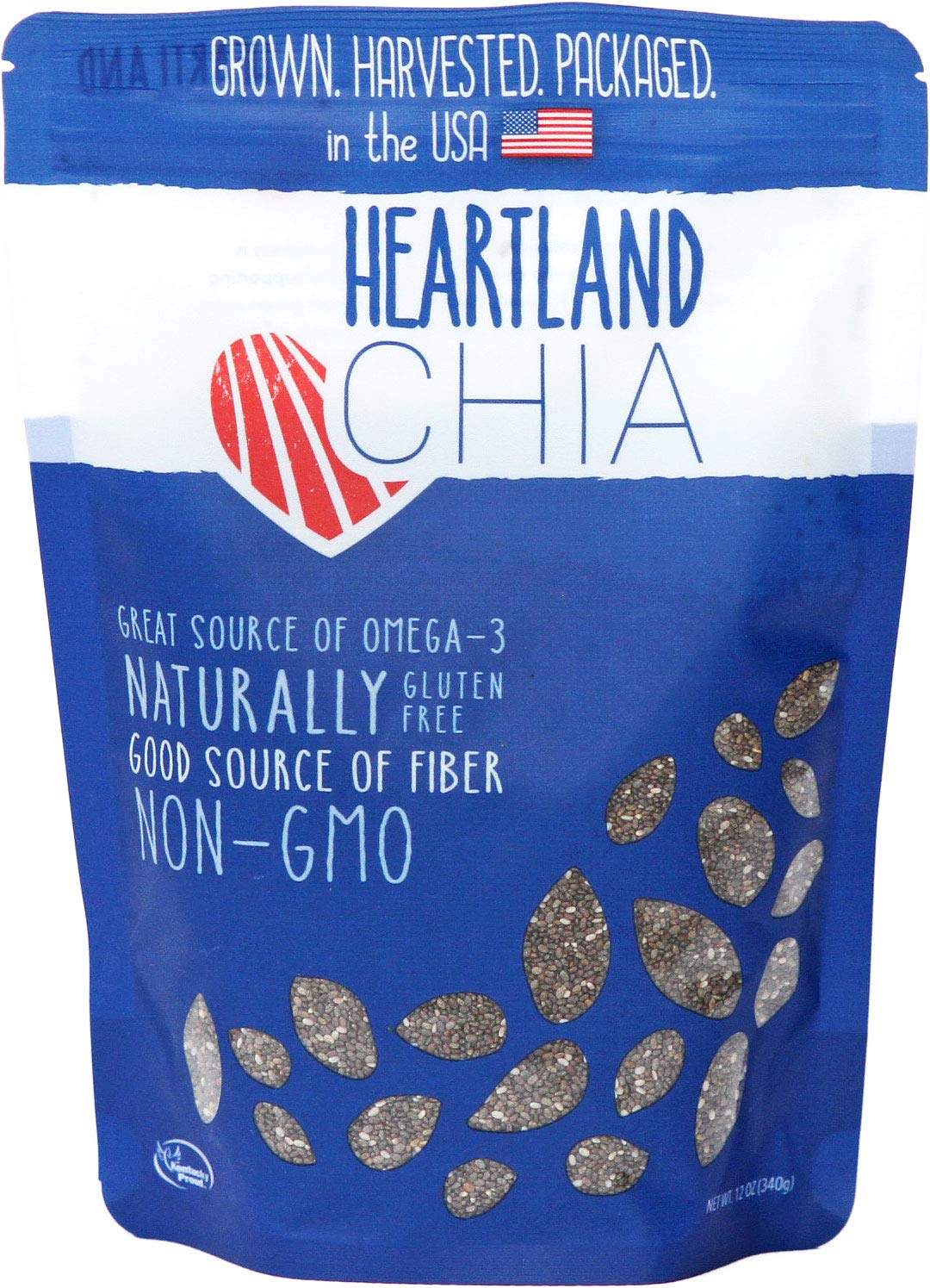Heartland Chia front packaging showing 12 oz bag and farm-direct label for trust