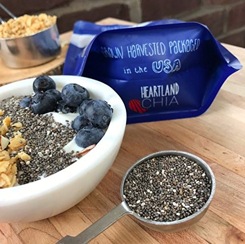 Heartland Chia measuring spoon next to bag showing serving size and scale