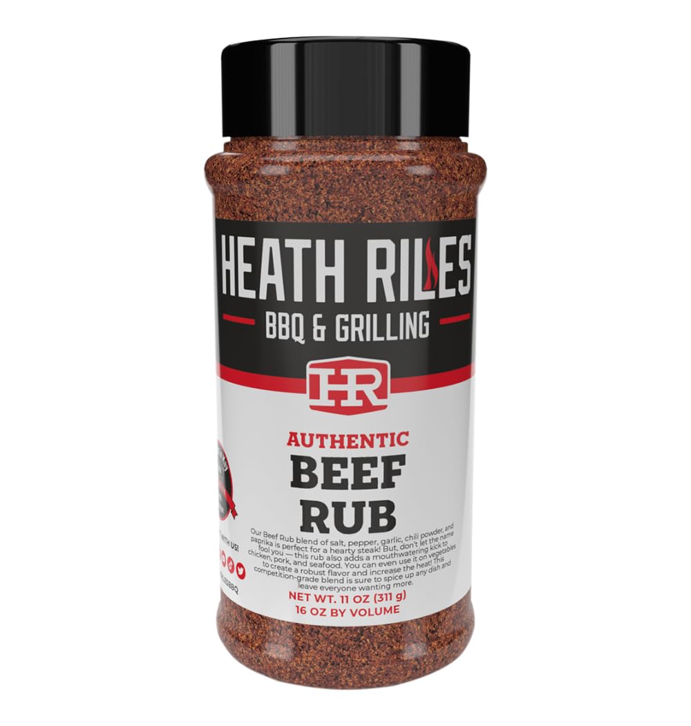 Heath Riles BBQ front bottle view, clear label and seasoning benefit
