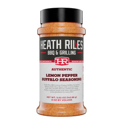 Heath Riles BBQ bottle front label showing bold lemon pepper buffalo flavor and brand