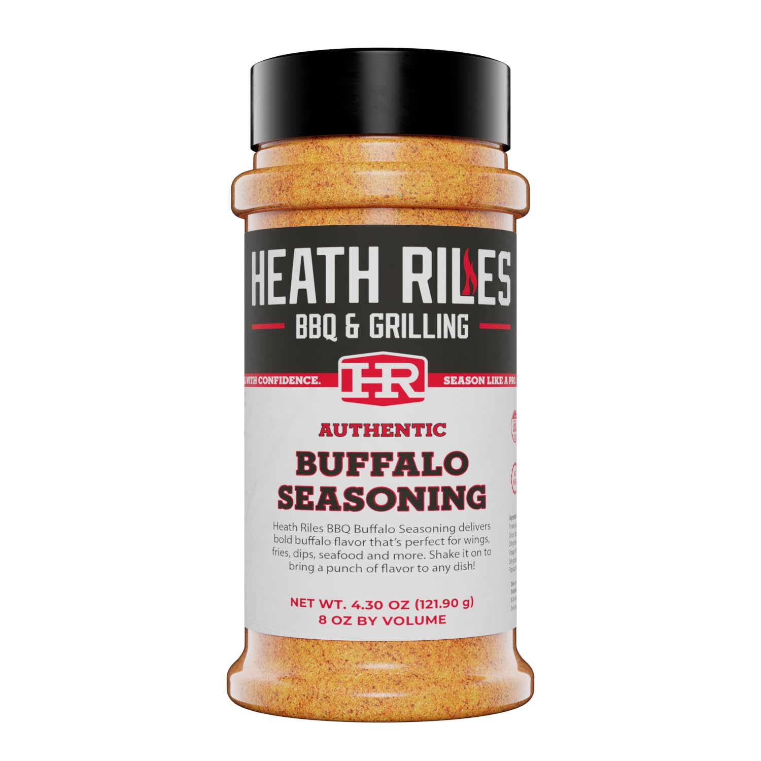 Heath Riles BBQ front jar view showing bold buffalo rub and clear labeling benefit: identifiable seasoning