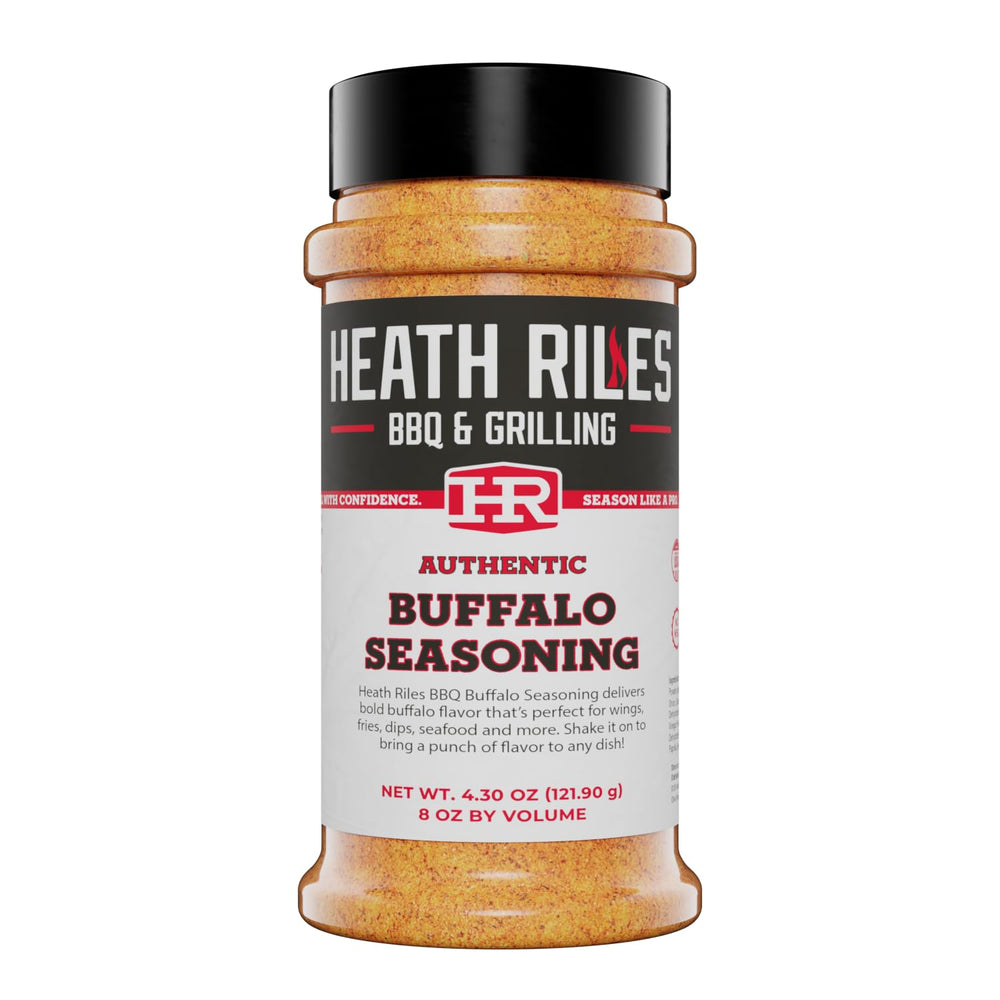 Heath Riles BBQ front jar view showing bold buffalo rub and clear labeling benefit: identifiable seasoning