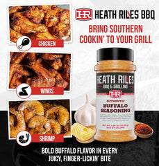 Heath Riles BBQ seasoned grilled wings plated to showcase crisp buffalo flavor benefit