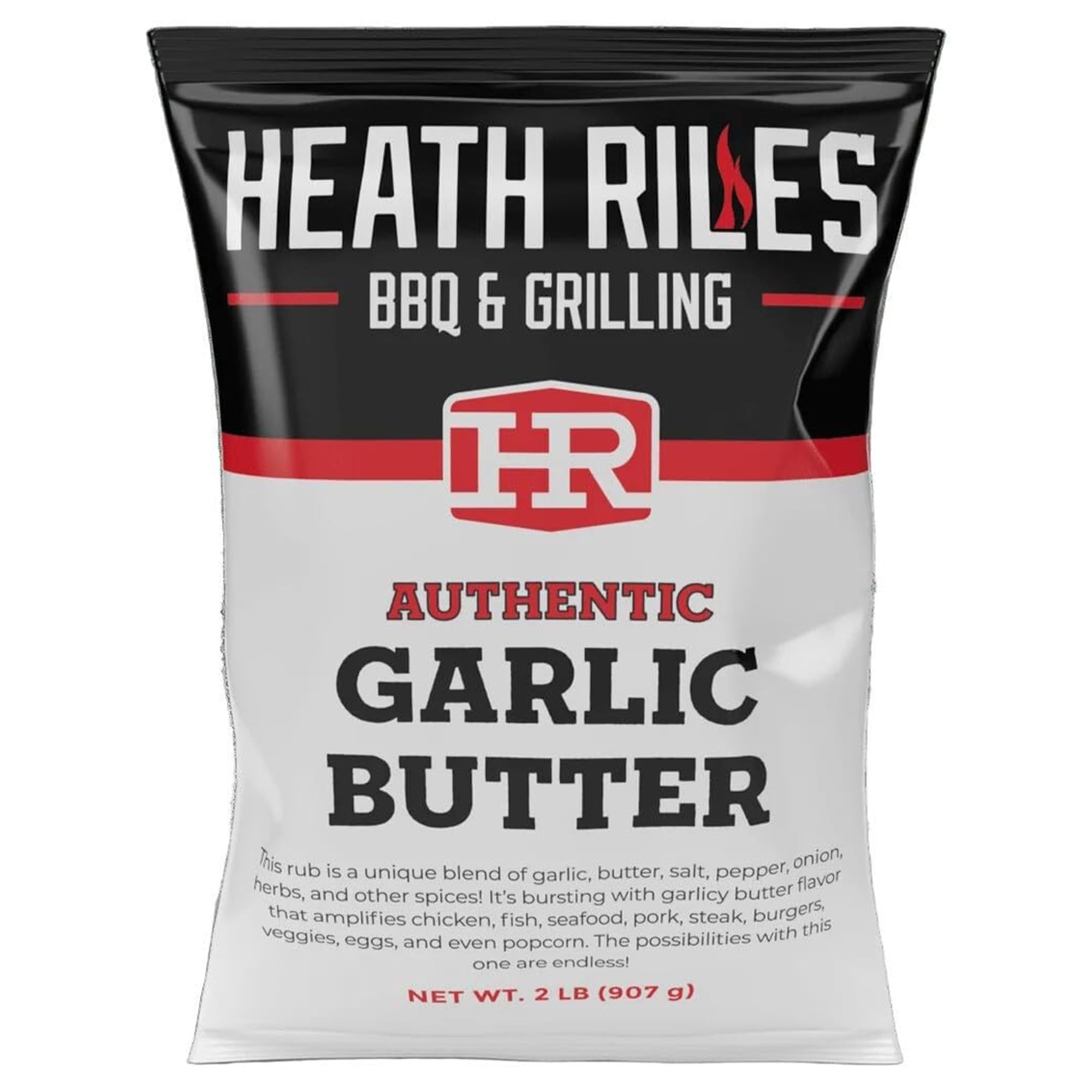Heath Riles front label showing garlic butter rub and award highlights, builds trust