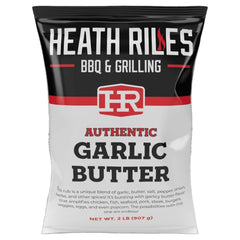 Heath Riles front label showing garlic butter rub and award highlights, builds trust