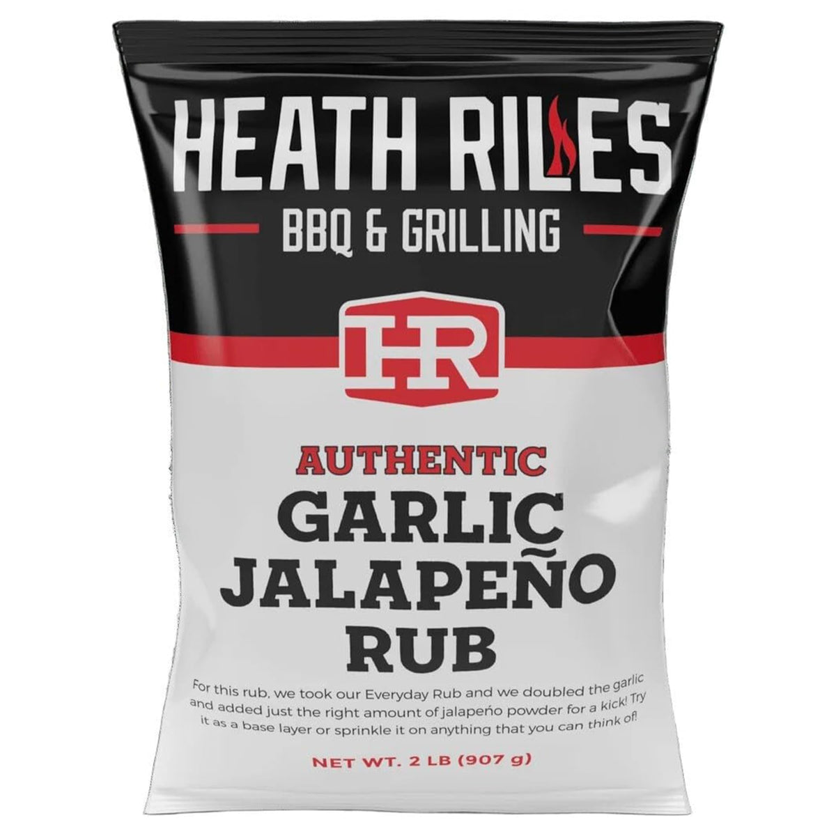 Heath Riles front label showing garlic jalapeño rub and branding benefit clarity