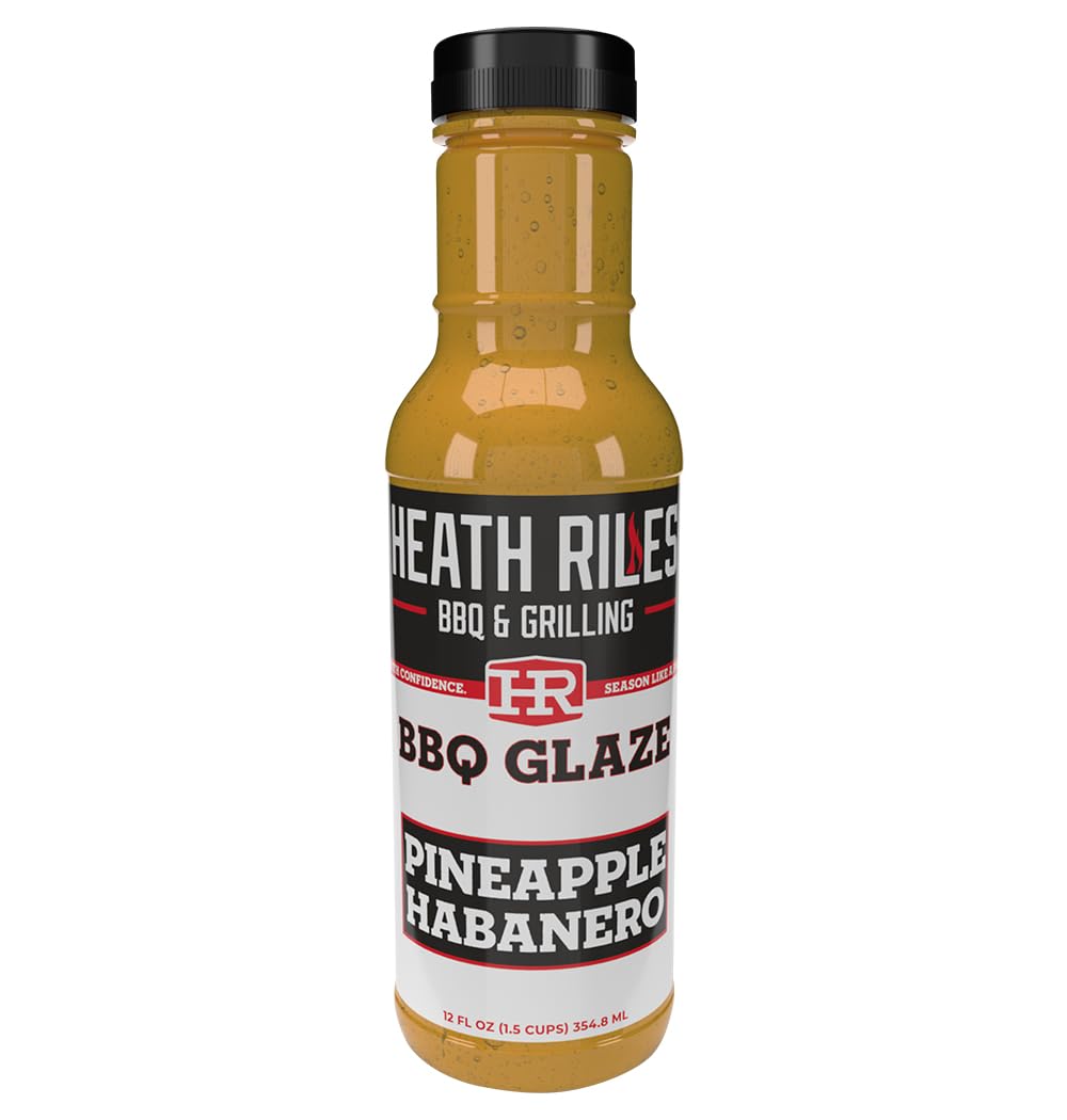 Heath Riles bottle front view showing label and glossy pineapple habanero glaze benefit