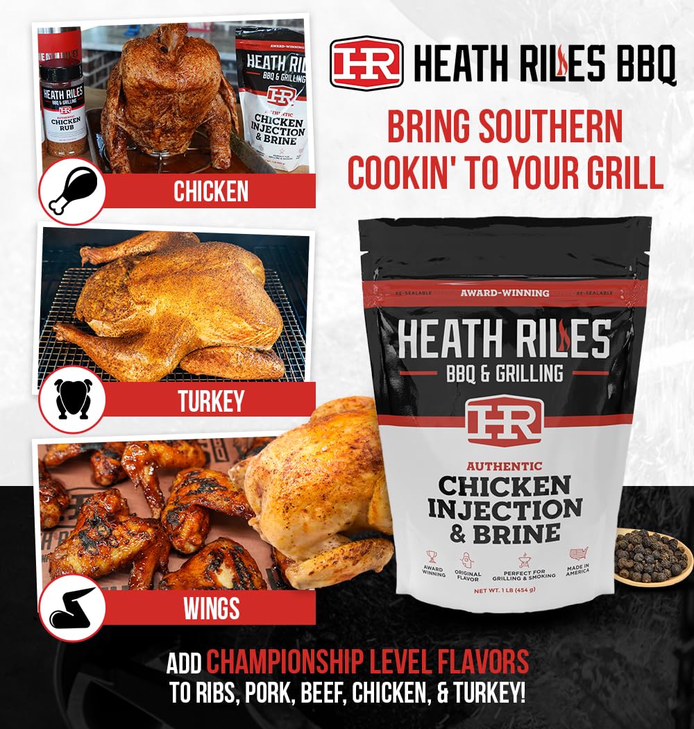 Heath Riles injector in use injecting chicken for consistent moisture and flavor