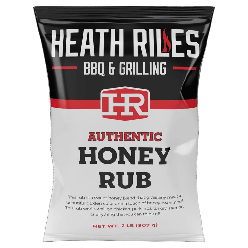 Heath Riles BBQ jar front view showing honey rub and packaging benefits