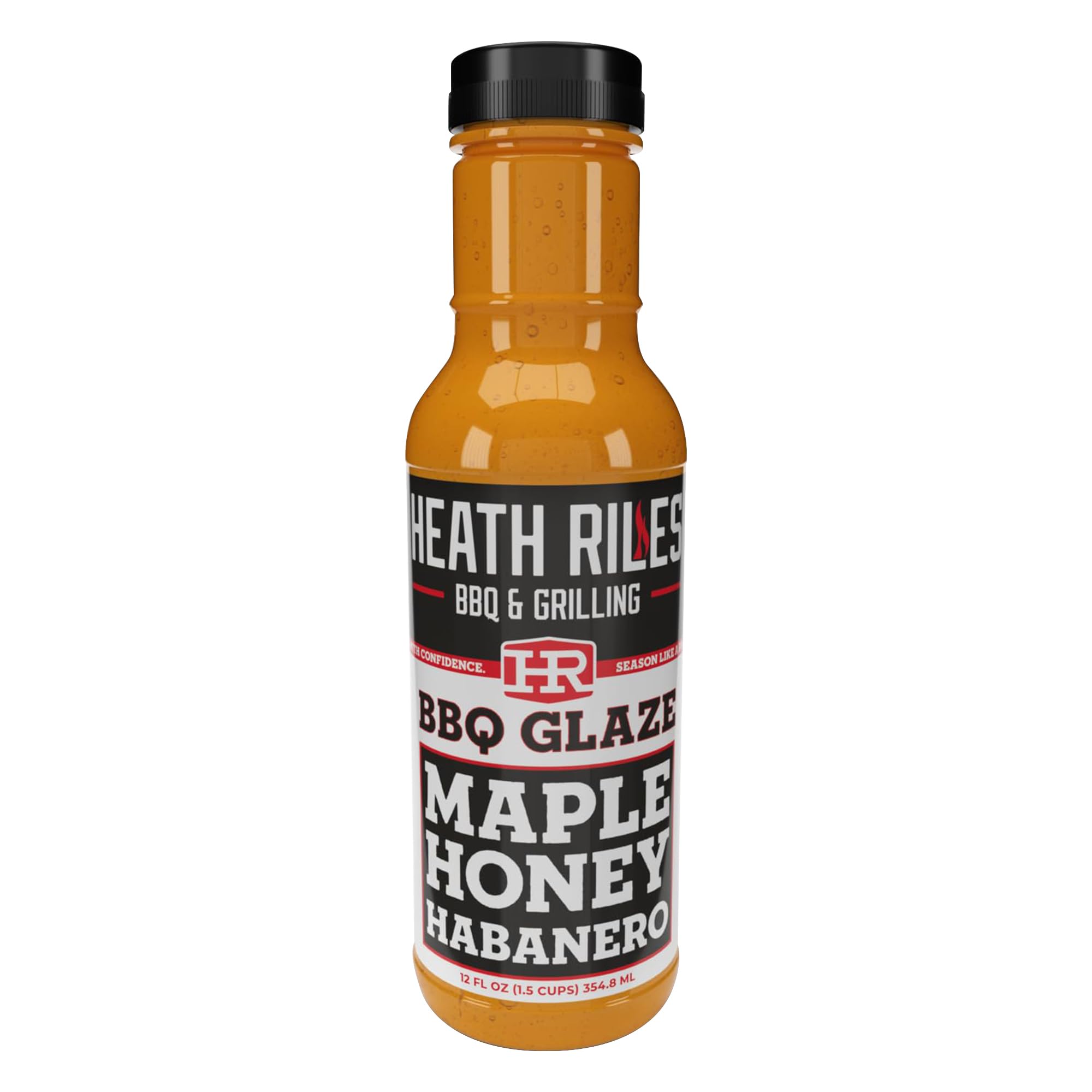 Heath Riles BBQ bottle front view showing branding and glaze benefit
