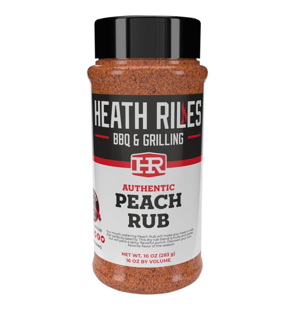 Heath Riles BBQ front jar view showing peach rub packaging and award accents