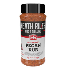 Heath Riles BBQ front label jar showing brand and pecan rub benefit
